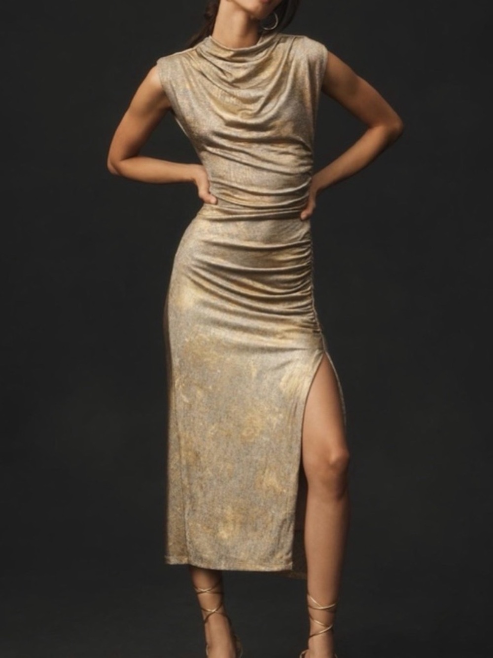 NWOT Anthropologie Metallic Gold Cowl-Neck Midi Dress with Side Slit